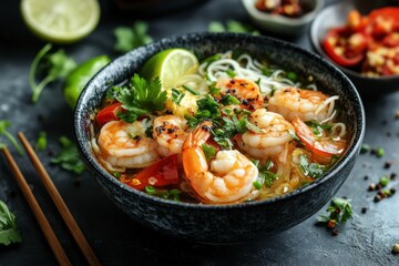 Delicious shrimp noodle soup in a bowl. Perfect for illustrating Asian cuisine, food blogs, or restaurant menus.