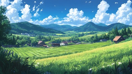 Lush Green Valley with a Rustic Village and Rolling Hills Under a Blue Sky