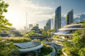 Fototapeta premium Eco-friendly futuristic city with green buildings, solar panels, and wind turbines against a mountain backdrop.