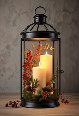 seasonal candle arrangement in a metal lantern, , autumn theme, metal decor
