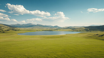 Scenic landscape featuring a serene lake surrounded by green fields and mountains