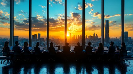 Close-up of a diverse team discussing ideas with laptops open, cityscape and blue sky visible outside the windows. 