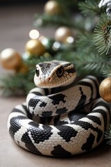 Obraz premium A coiled snake rests elegantly on a Christmas tree branch, surrounded by vibrant green pine needles and red ornaments. Its patterned scales contrast beautifully with the festive decorations, creating