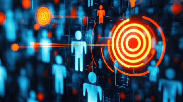 An abstract representation of crowd icons moving toward a target.