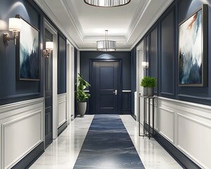 Elegant hallway with a mix of dark blue and white tones, watercolor touch 