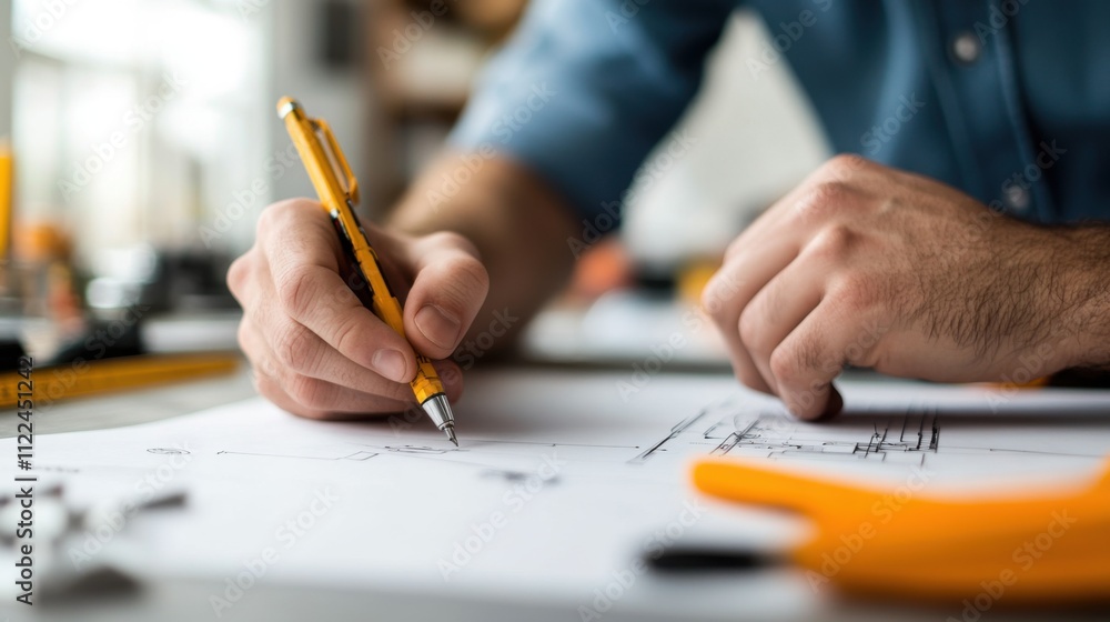 Poster focused individual sketching design plans with precision on a bright workspace surrounded by draftin