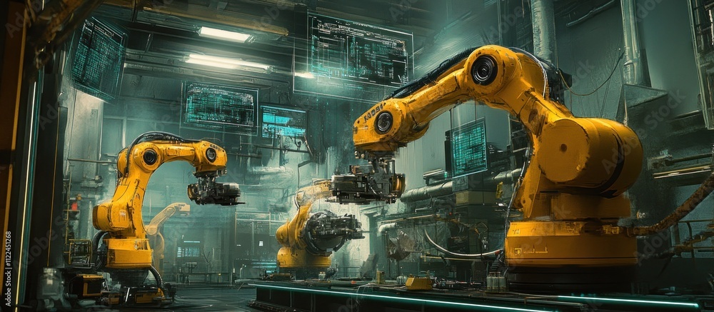 Poster futuristic factory with three yellow robotic arms assembling a mechanical part.