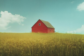 Obraz premium Red barn sits in golden field under a blue sky. Perfect for rural, farm, or harvest themes; evokes serenity and peace.
