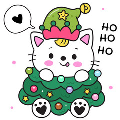 cute cat in christmas tree kawaii cartoon happy new year card
