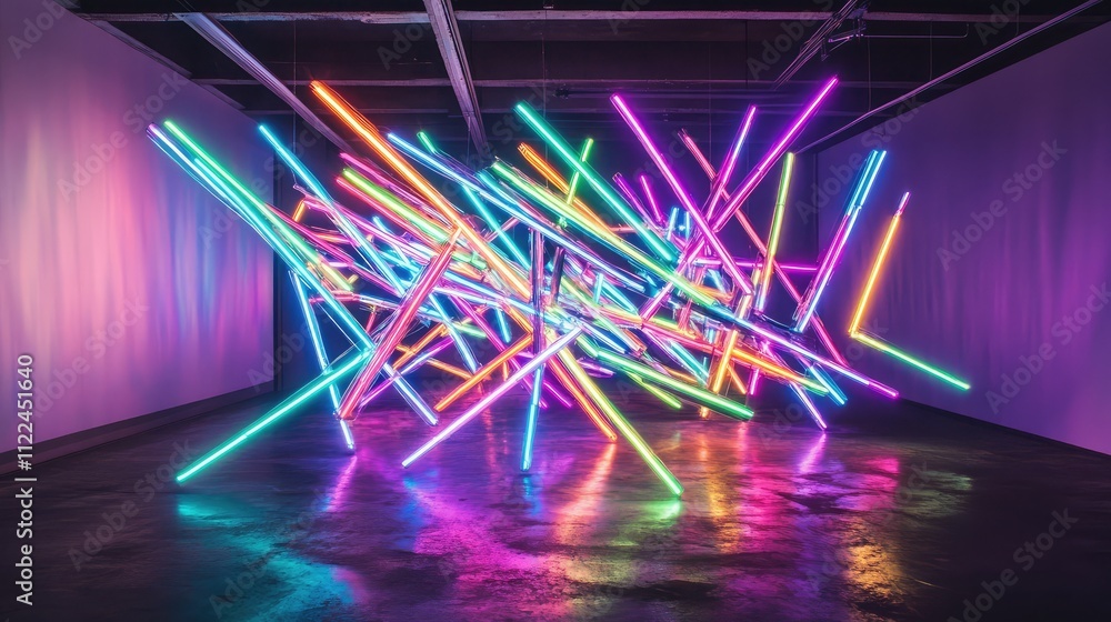 Poster a mesmerizing array of neon light tubes in vibrant colors, forming abstract geometric patterns in a 