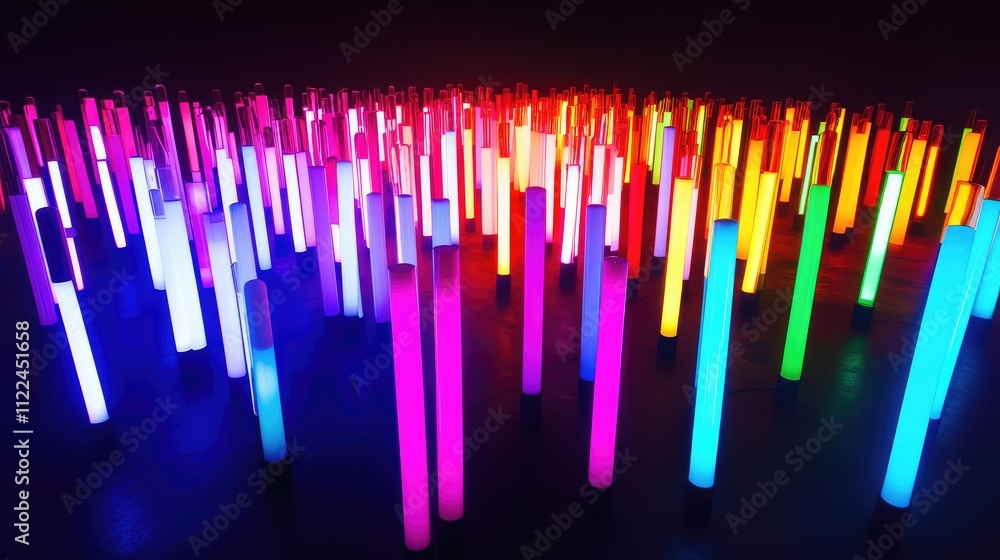 Poster a mesmerizing array of neon light tubes in vibrant colors, forming abstract geometric patterns in a 