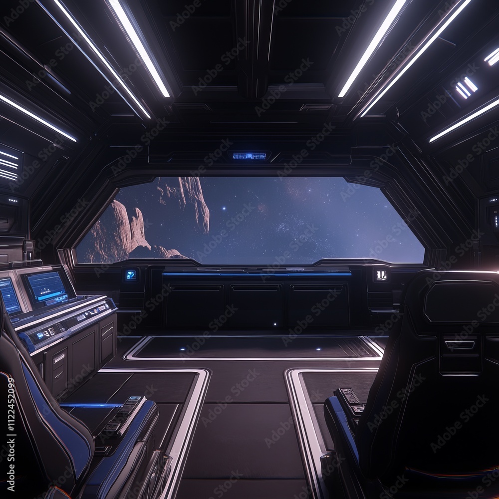 Poster spaceship bridge interior with view of space and planets.
