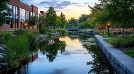 Fototapeta premium A peaceful waterway with reflections of the surrounding buildings and trees at dusk