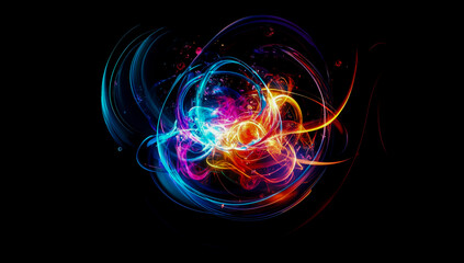 Obraz premium An atom of radioactive protons and electrons orbiting a vibrant center of energy, rendered in bright hues of light blue, orange, red, and purple with a luminous, futuristic aesthetic.
