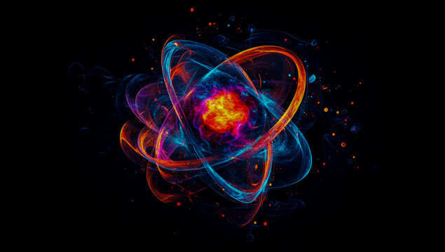 An atom of radioactive protons and electrons orbiting a vibrant center of energy, rendered in bright hues of light blue, orange, red, and purple with a luminous, futuristic aesthetic.
