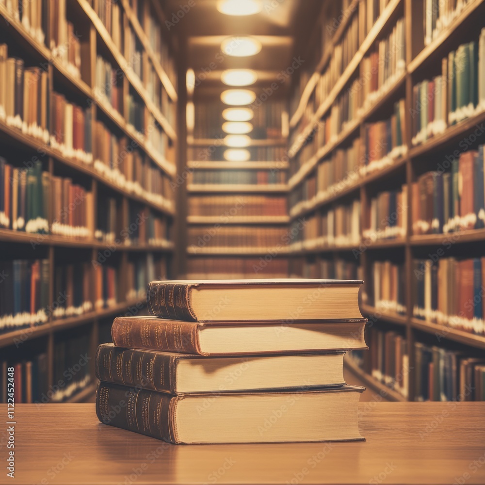 Poster stack of books on a table in a library.