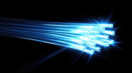 Obraz premium A soft blue glow from fiber optic cables, emitting radiant light from their tips against a deep black