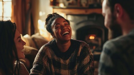 Fototapeta premium Friends laughing while playing charades in a cozy living room.