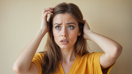 Fototapeta premium A woman with a very confused and worrisome expression on her face. Long brown hair. Holding or touching her head with her hands. Yellow v-neck top.