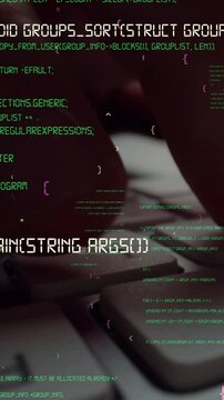 Creative visual of computer programming coding and software development shown by man working on computer keyboard with overlay of computer graphic displaying abstract program codes and computer script