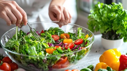 A couple preparing a colorful salad together in their kitchen.