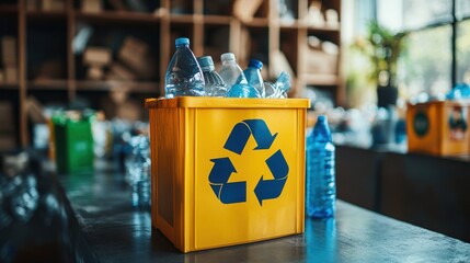 Yellow recycling bin filled with plastic bottles in a modern workspace emphasizing environmental sustainability