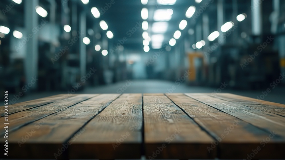 Poster blurred background of wood table in empty factory space