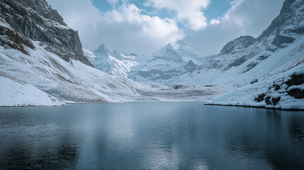 Obraz premium Winter landscape with a glacial lake and snow-capped mountains in the background