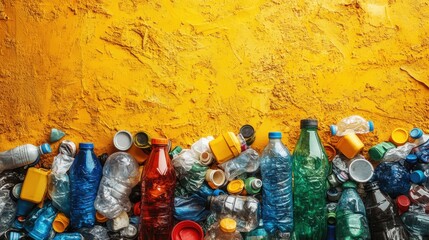Fototapeta premium Colorful Pile of Plastic Bottles and Caps Against Bright Yellow Background