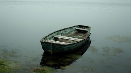 Obraz premium Calm water surrounds an old wooden boat resting on a foggy lake at dawn