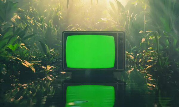 A vintage television in a lush, jungle setting displays a bright green screen, surrounded by water and dense foliage, evoking a sense of mystery and nostalgia.