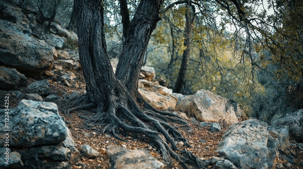 Poster a tree with roots growing around rocks in a forest, symbolizing resilience and adaptation.