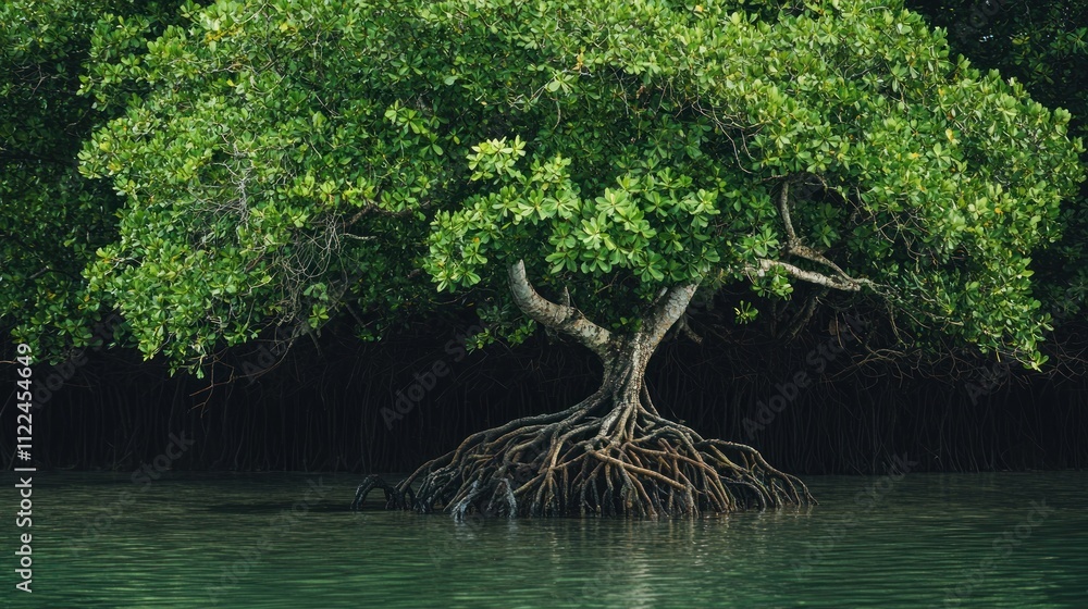 Poster a mangrove tree with roots submerged in water, adapting to tidal changes.