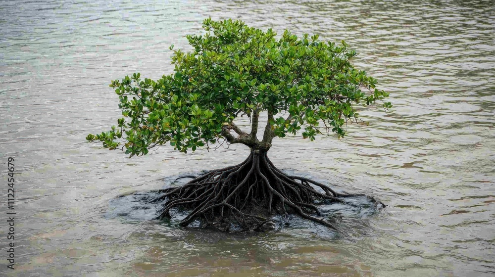 Poster a mangrove tree with roots submerged in water, adapting to tidal changes.