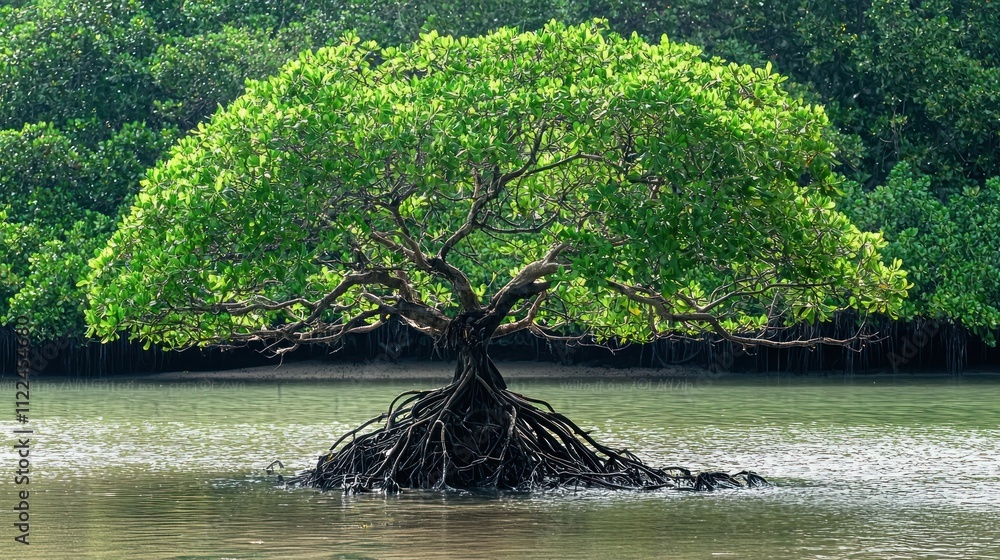 Poster a mangrove tree with roots submerged in water, adapting to tidal changes.