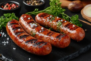 Grilled sausages seasoned with salt and herbs. Perfect for food blogs, restaurant menus, or cookbooks showcasing delicious grilled food.