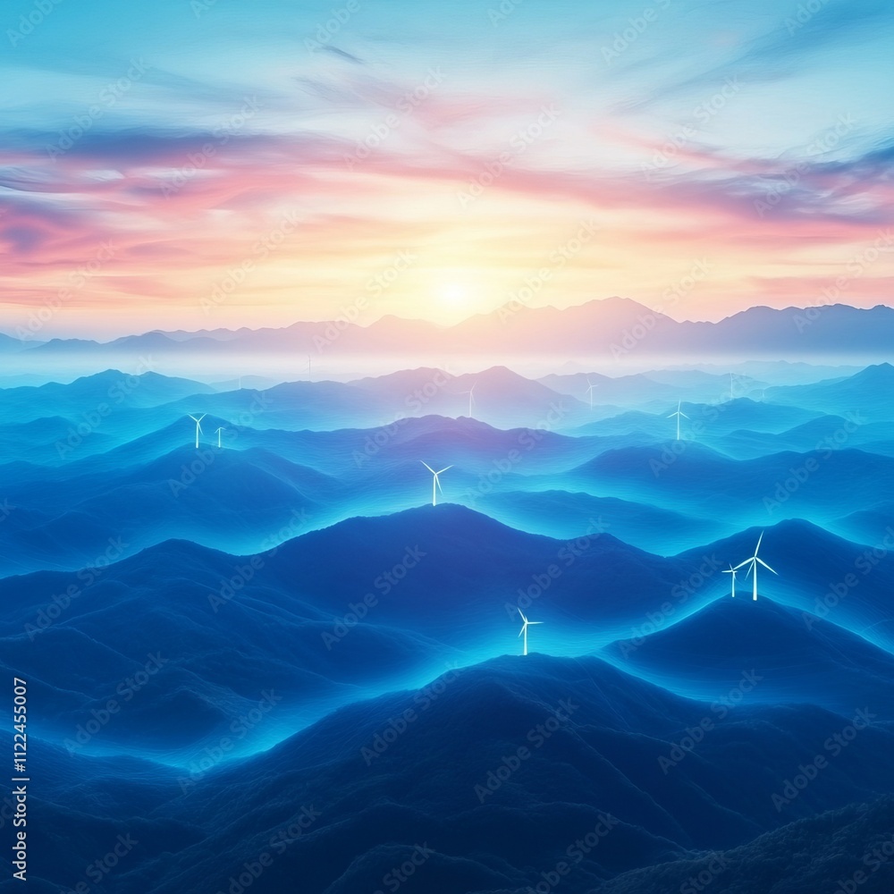 Poster sunset over rolling hills with wind turbines generating clean energy.