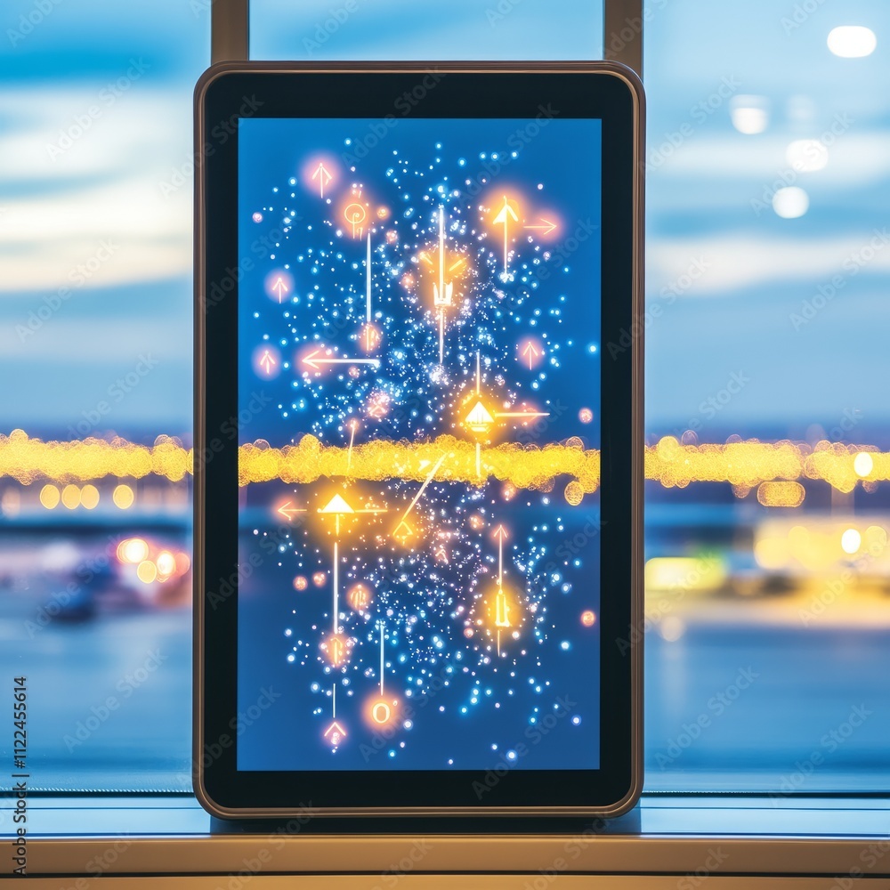 Poster tablet displaying network data against blurred city lights.