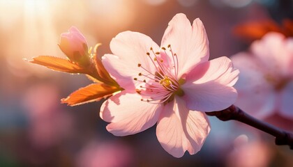 Obraz premium 春の陽射しの中で咲く一輪の桜の花。薄ピンク色の花びらと柔らかな光が透ける美しい瞬間