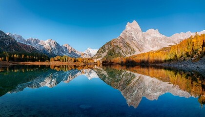 Obraz premium 透き通る湖水に映る山々、鏡のように美しい逆さ映りの自然景色 