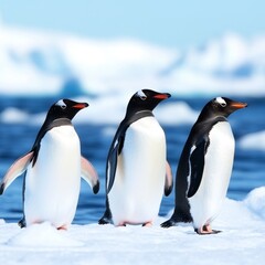 Obraz premium Three Gentoo penguins walking on ice near ocean.