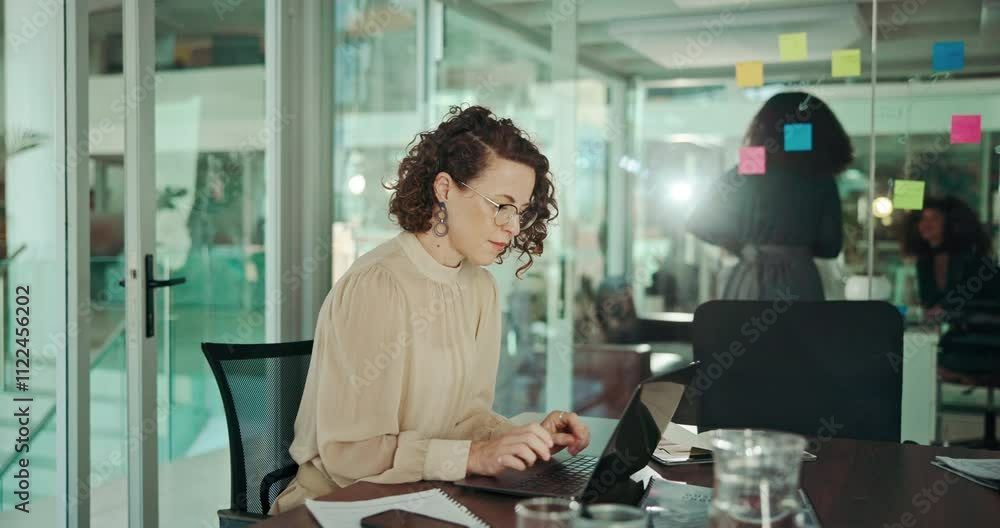 Poster Laptop, problem solving and thinking with developer woman in office for programming or troubleshooting. Computer, planning and web design with creative employee in workplace for software coding