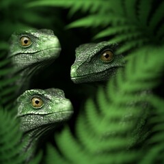 Fototapeta premium Three small green dinosaurs peeking from lush foliage.