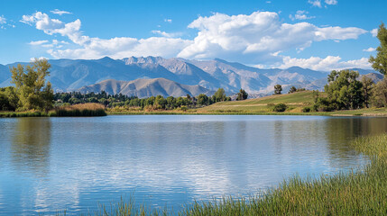 Beautiful lake reflecting mountains and blue sky in a serene landscape