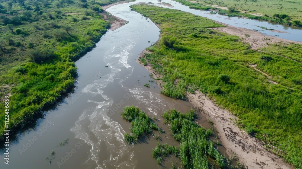 Poster a river redirecting its course over time to navigate natural obstacles.