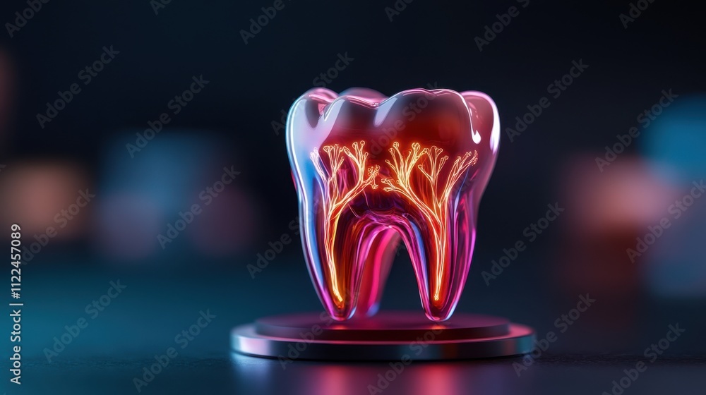 Poster a brightly lit, intricately designed tooth model with luminous neural pathways and a futuristic appe