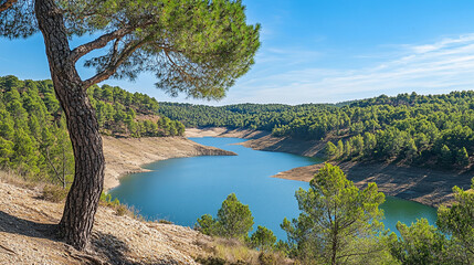 Obraz premium Serene lake surrounded by lush forests and clear blue skies in a natural landscape