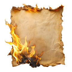 Burning old paper isolated on transparent white background, clipping path