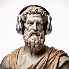 A bust of a philosopher wearing music headphones