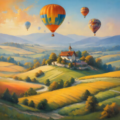 Naklejka premium painting of a landscape with a church and hot air balloons